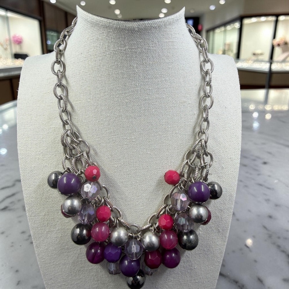 Vintage Y2K Chunky Charm Necklace Purple Pink Statement Bib Maximalist Grunge